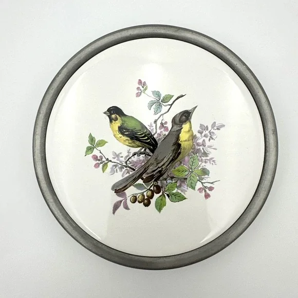 Pocono RR Pewter Trivet Bird Ceramic Insert Vintage Round Hot Plate Footed Base