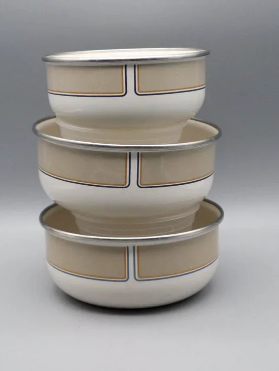 3 Vintage Kobe Kitchen Enamelware Bowls Mod Geometric Design Art Deco MCM
