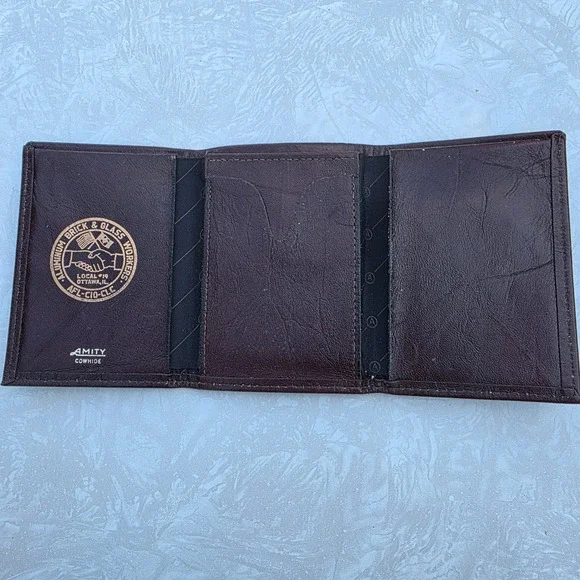 Amity Trifold Wallet Brown Cowhide Aluminum Brick & Glass Workers Union Logo