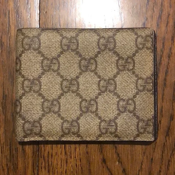 GUCCI GG Supreme Brown Leather Coated Canvas Monogram Bifold Wallet