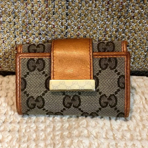 GUCCI GG Monogram Canvas Burned Orange Leather Trifold Key Card Holder