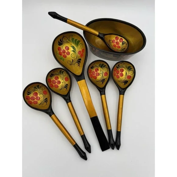 Vintage Russian Wooden‎ Khokhloma Spoons and bowl,  Hand-Painted, Lacquer Set