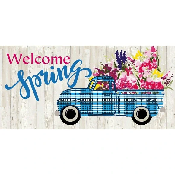Evergreen Sassafras Switch Mat Welcome Spring‎ Flowers and Plaid Truck NEW