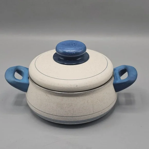 Vintage Silit Enamel Blue 1 QT Saucepot & Lid 60s Double Handle Mid Century