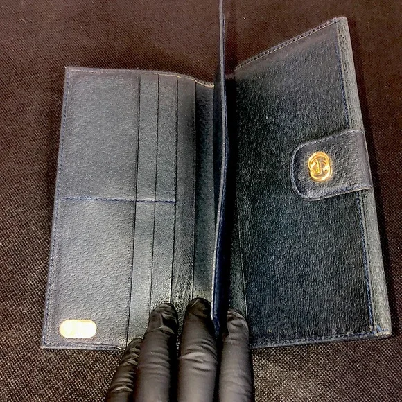 GUCCI GG Monogram Navy Blue Leather Coated Canvas Long Bifold Wallet Vintage