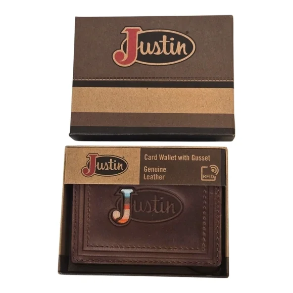 Justin Western Brown Leather Logo RFID Gusset Card Wallet New