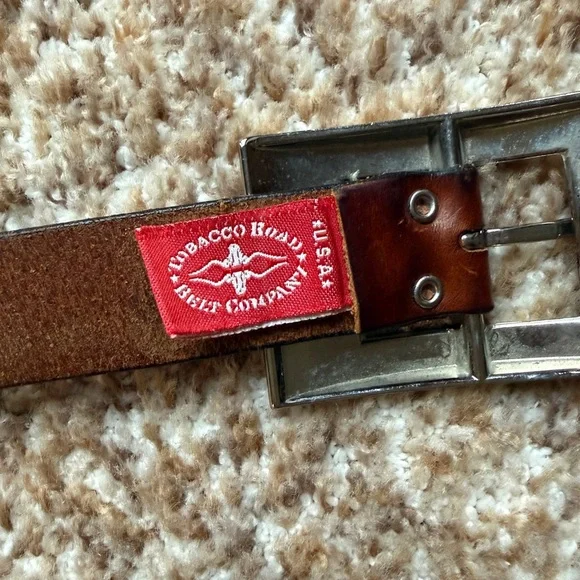 TOBACCO ROAD BELT CO. MADE IN U.S.A. Brown GENUINE LEATHER BELT length 47”.