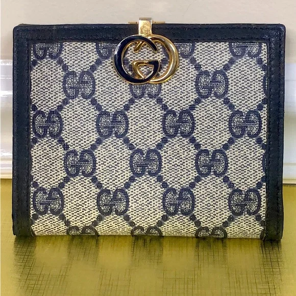 GUCCI GG Web Monogram Navy Blue Leather Coated Canvas Compact Bifold Wallet