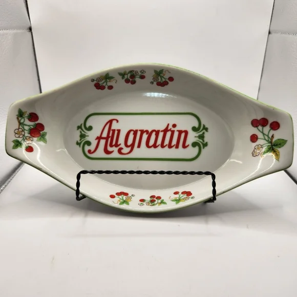 Vintage Cherries & Strawberries AuGratin Earthenware Oven to Table Baking Dish