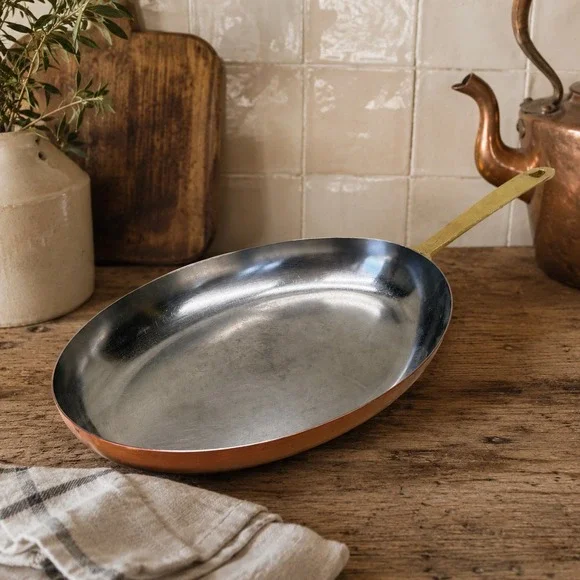 Vintage Paul Revere Copper Fish Skillet Oval Fry Pan Brass Handle Decor