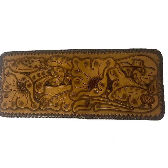 Western Tooled Leather Wallet Floral Scroll Whipstitch Bifold Unbranded