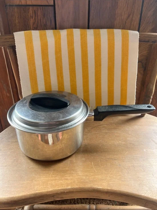 Vintage Stainless Steel Flint  Saucepan with Black Handle and Yellow Accent