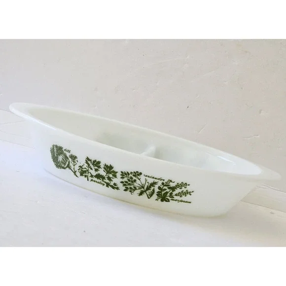 Glasbake Milk Glass Divided Casserole Dish Green Herb Design Vintage Kitchen