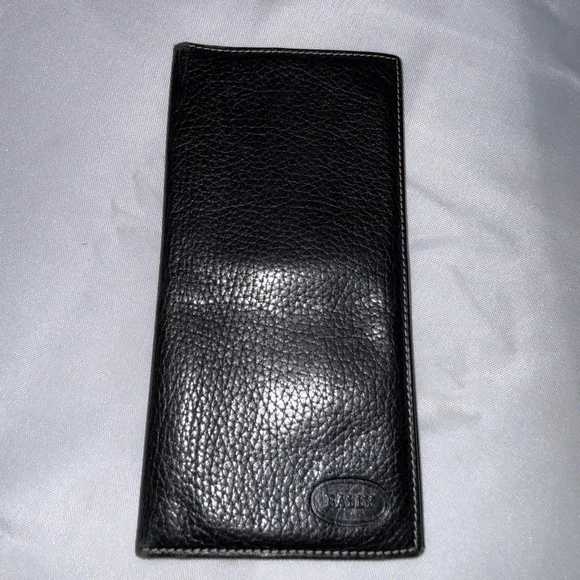 BALLY Bifold Long Rectangle Black Soft Pebbled Leather Wallet Card Holder Case