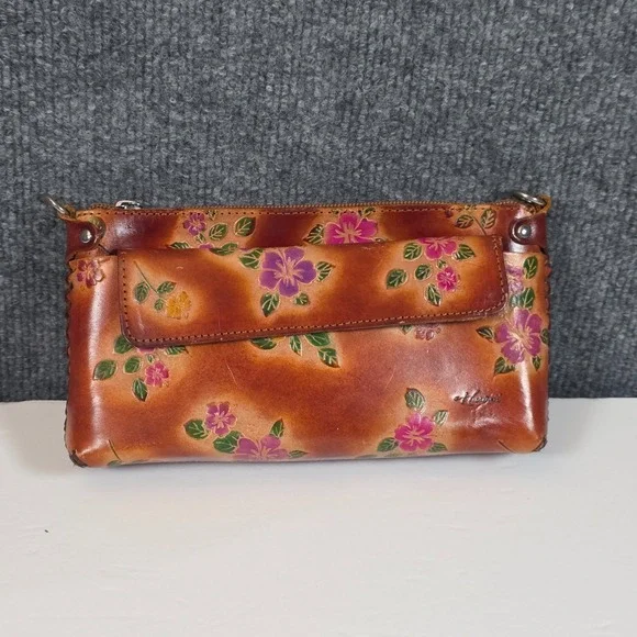 VTG Genuine Leather Clutch Zip Wallet Engraved Zip Closure‎ Floral Hawaii