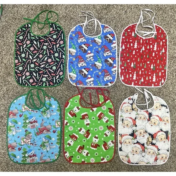 Lot Of 6 Quilted‎ Handmade Christmas Baby Bib  Large Size 12