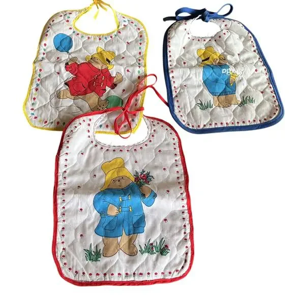 Paddington Bear Baby Bibs Quilted Tie Closure Lot Handmade 2 Unfinished Neckline