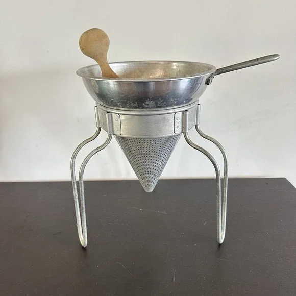 Vintage Aluminum Wear-Ever Sieve Cone Strainer Wood Pestle w/ Stand Canning