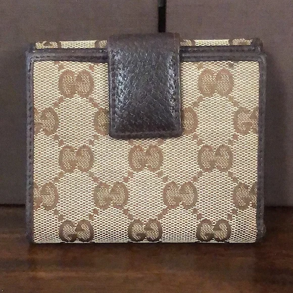 GUCCI GG Web Monogram Brown Leather Tan Canvas Trifold Wallet