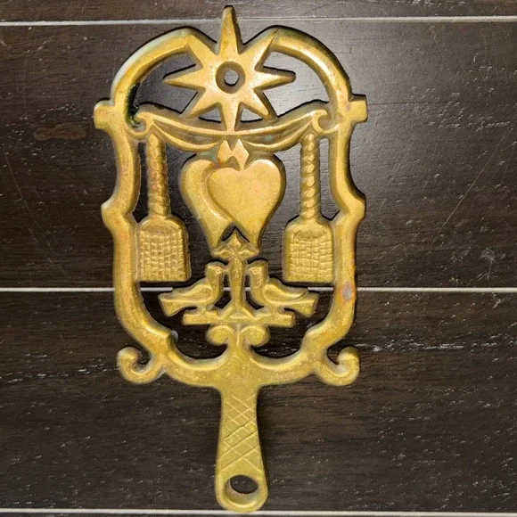 Vintage Brass Trivet | Hearth Stand |‎ Pot Holder | Heart Birds Sun Symbol
