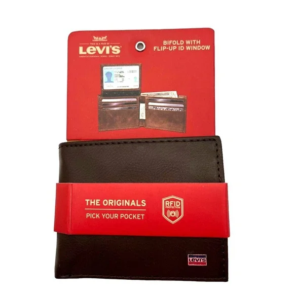 Levis‎ Mens Bifold Wallet Brown with Flip-up ID Window RFID-Blocking