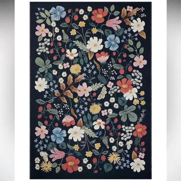 Riffle Paper Indoor Outdoor Rug Strawberry Fields Floral Moody Navy Black