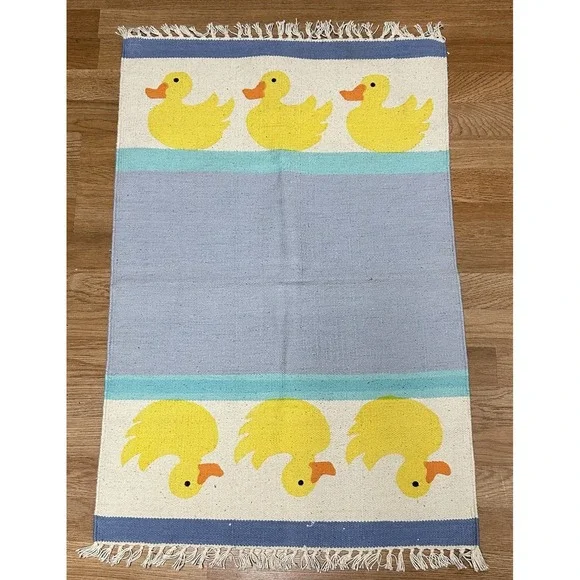 Vintage Hand Woven & Stenciled Dhurrie Fringe Rug Rubber Ducks NEW NOS