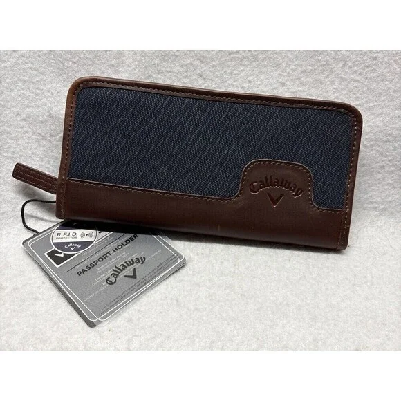 Callaway Passport Holder NWT Leather Cotton RFID Protector Travel Wallet