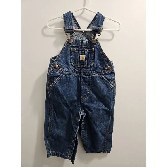 CARHARTT Bib Overalls Denim Jean Size Infant 9 Months Baby Snap Closure Cotton