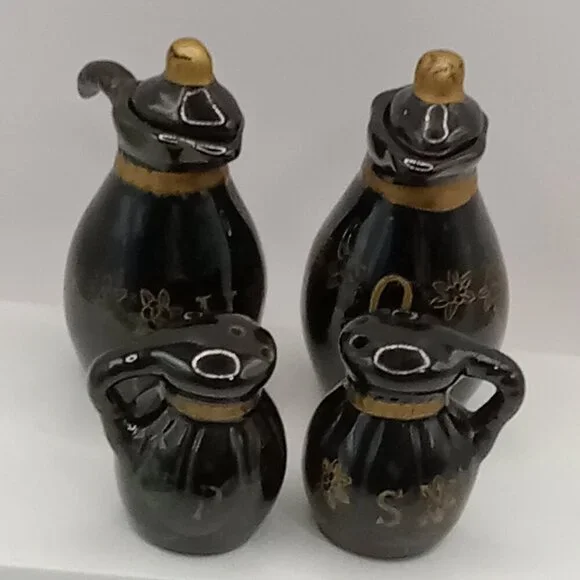 Redware Clay Mini Vinegar Oil CRUET & Salt Pepper SHAKERS Dark Brown Gold Vtg