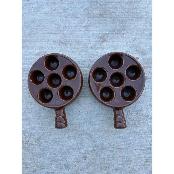 Vintage Brown Ceramic Escargot Dishes Set Snail Baking Plates 6-Hole MCM Retro