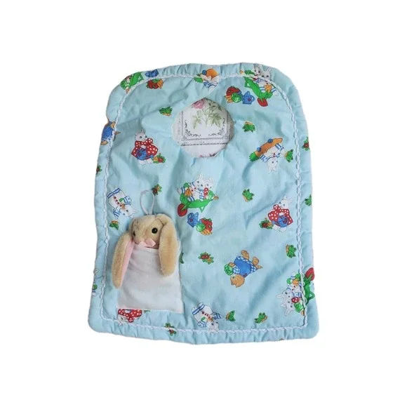 Vintage 90s‎ Baby Bib Blue Quilted Bunny Rabbit Pocket & Stuffed Toy