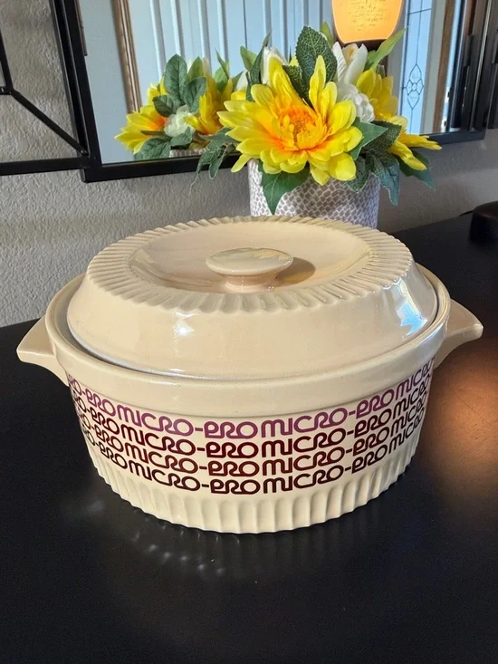 Vintage 1980’s Ceramic Covered Casserole - Cream with Purple Accent