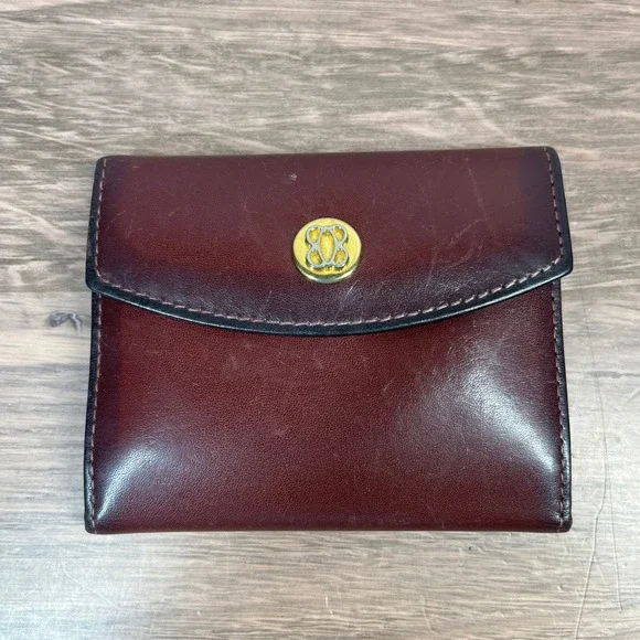 Vintage Bosca Wallet Trifold Small Burgundy Full Grain Leather Gold Logo