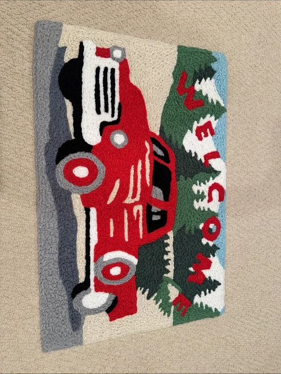 Red Vintage Truck Hooked Rug with Welcome Design