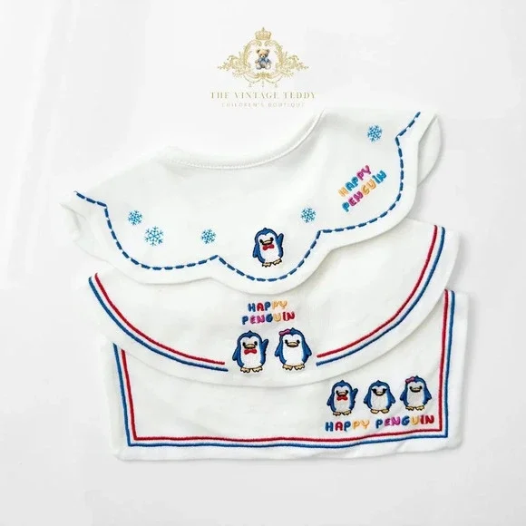 NWT Adorable Boutique Embroidered Baby Bibs Cute Happy Little Penguins Set of 3