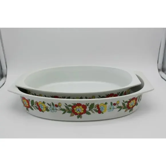 Set of 2 Vtg Real Calorama Floral Genuine Porcelain Oven Ware 64 oz & 48 oz Oval