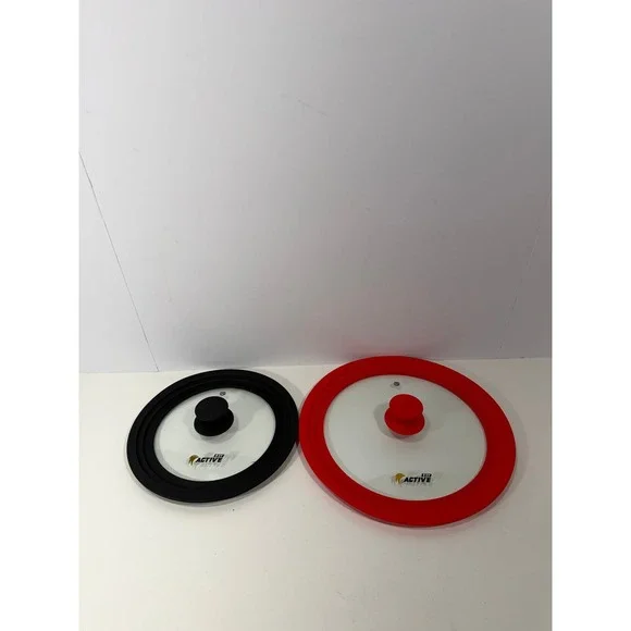 Ezy Active Universal Glass Lids Set of 2 Red Black Silicone Rim Steam Vent 12in