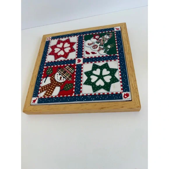 Hallmark Christmas Snowman Patchwork Quilt Framed Ceramic Trivet Thailand 7in