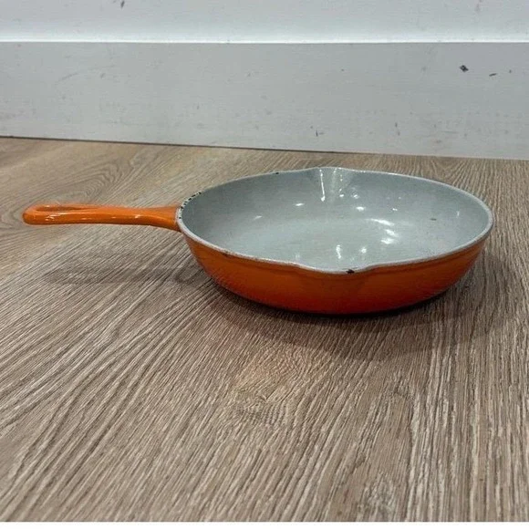 Vintage Descoware Cast Iron Skillet Orange Enamel Belgium 9