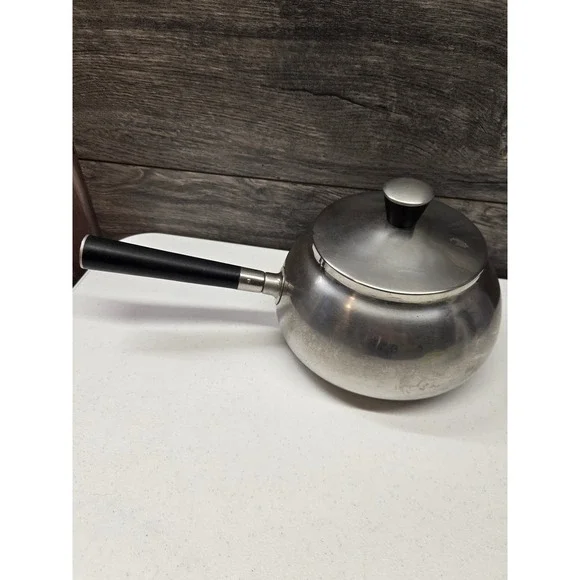 Vintage MCM Stainless Steel Fondue Pot with Lid Black Handle Mid Century Modern