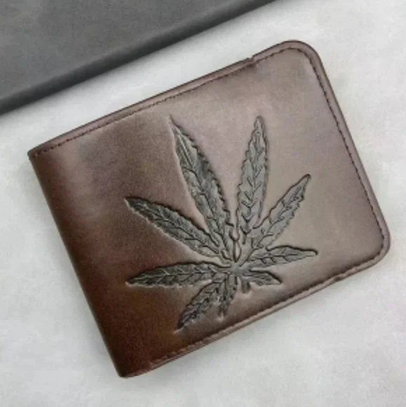 DarkTan/Medium Brown Leather Bifold Wallet With Embossed Weed Leaf Design (OS)