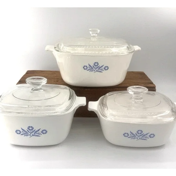 3 VTG Corning Ware Blue Cornflower Casserole Dishes with Lids Bakeware Kitchen
