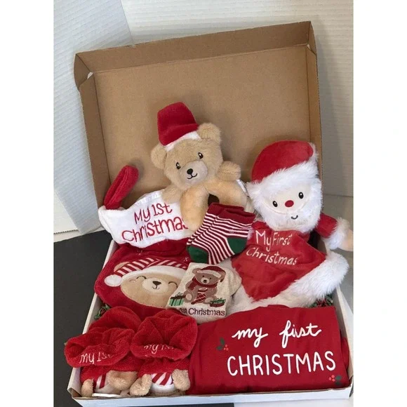 Baby's 1st Christmas Gift Basket Stocking Outfit Booties Bib Socks Lovey Rattle