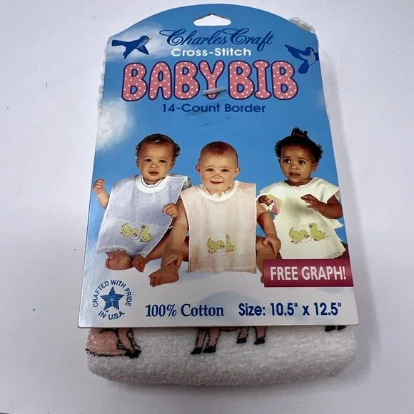 VINTAGE 1980s Charles Craft‎ Deluxe Baby Bib Pig Print Cross Stitch NOS Made USA