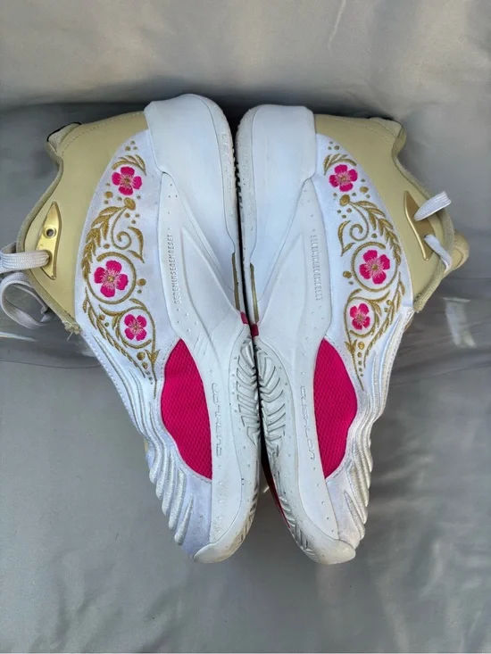 Jordan Men's White Sneakers with Pink Floral and Gold Accents