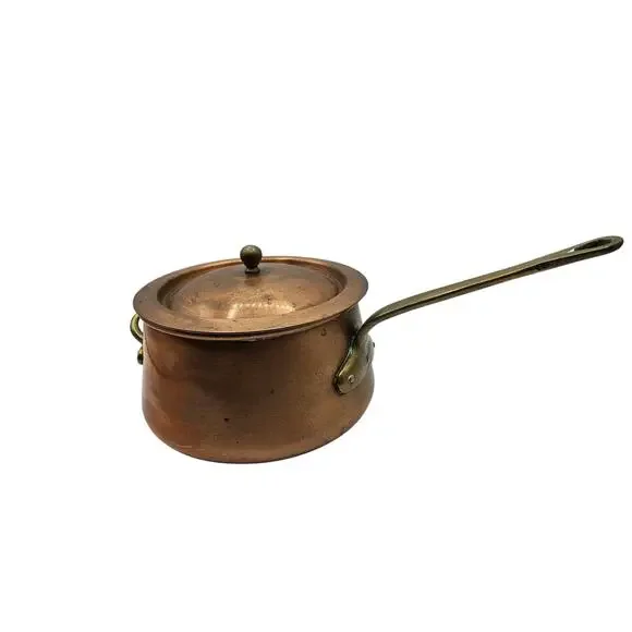 Vintage‎ Hand Hammered Bombe Copper Saucepan Tin Lined Brass Handles 6.5