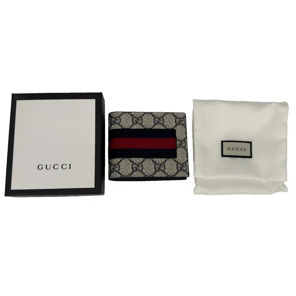 NEW Authentic Gucci GG Supreme Canvas Leather Blue & Red Webstripe Bifold Wallet
