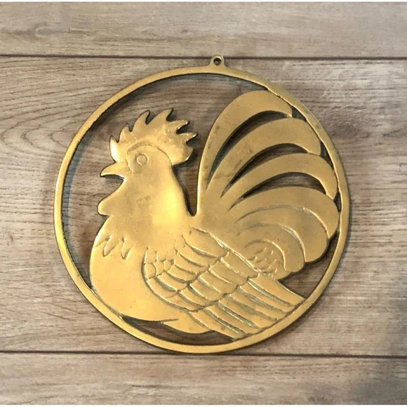 Vintage Brass Rooster Trivet Footed Chicken Hot Plate Farm Cottage Kitchen Decor