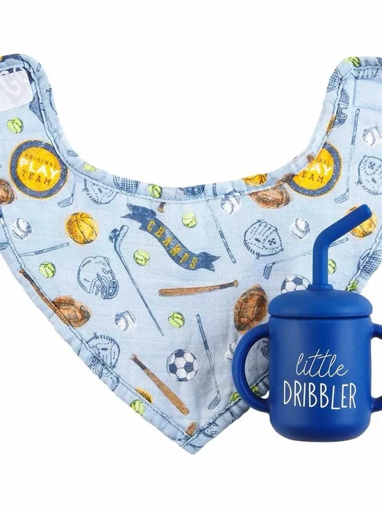 Mud Pie Blue Sports Soccer Football Bandana Bib with Blue Silicone Sippy Cup